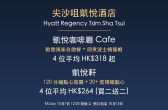 尖沙咀凱悅酒店 2 大優惠 — 凱悅咖啡廳 Cafe 自助餐 4 位平均 HK$318 + 凱悅軒 120 分鐘點心放題 4 位平均 HK$264