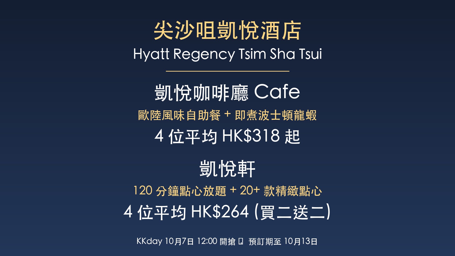 尖沙咀凱悅酒店 2 大優惠 — 凱悅咖啡廳 Cafe 自助餐 4 位平均 HK$318 + 凱悅軒 120 分鐘點心放題 4 位平均 HK$264