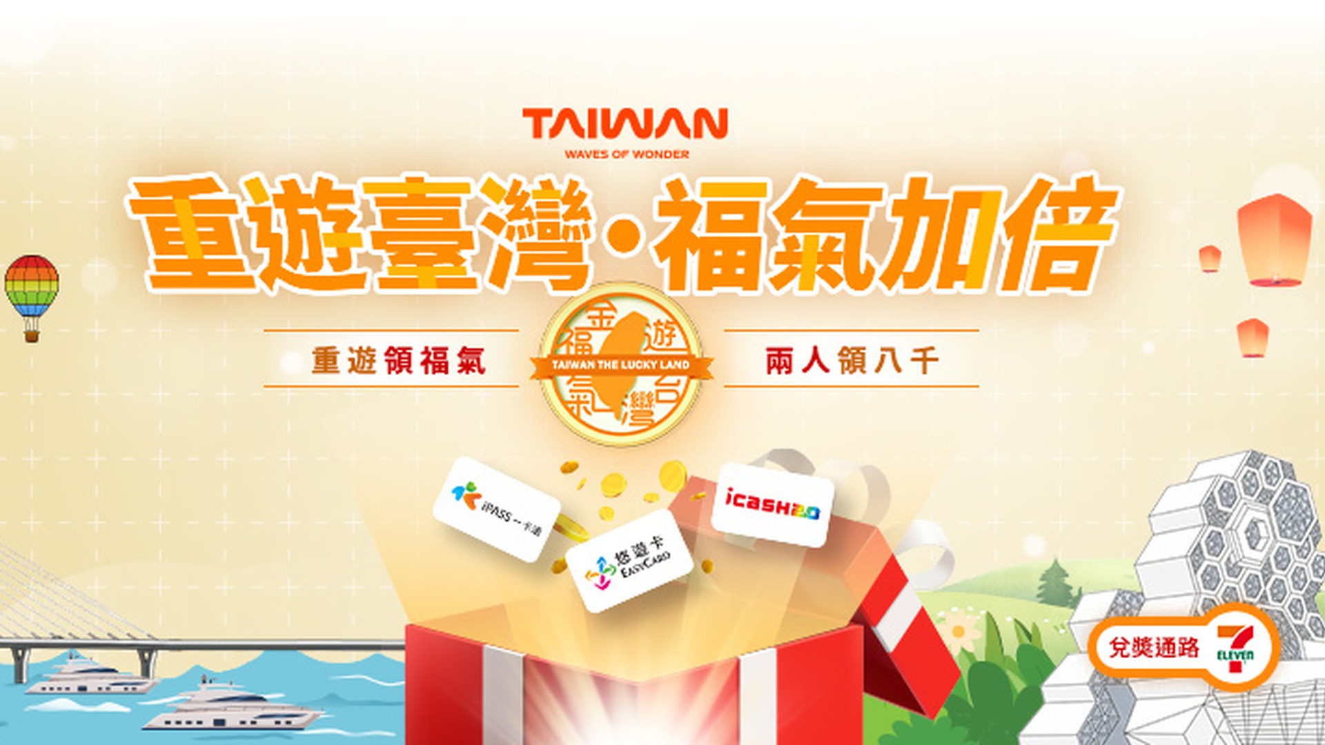 台灣重遊加碼 - 福氣加倍 官方 banner - 最高 NT$8,000 消費金 (2 人同行) - 活動期間 2026/10/10-2027/3/31, 統一超商 7-ELEVEN 兌領